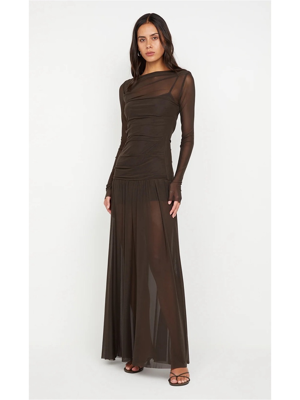 NWT Bec + Bridge Blaine Long Sleeve Maxi Dress Gown in Cedar Brown Charcoal Mesh